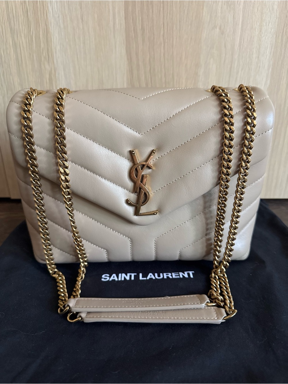 Saint Laurent YSL Medium Loulou Dark Beige Leather Gold Hardware 574946